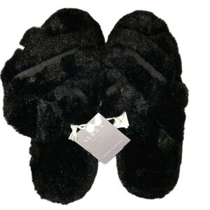 Serra Slippers Womens 7/8 Slide Black Faux Fur Slip On Open Toe Comfort Flat